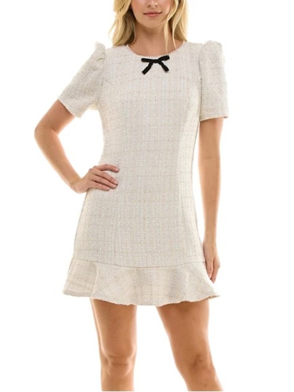 Crystal Doll Cream Tweed Mini Dress with Black Bow